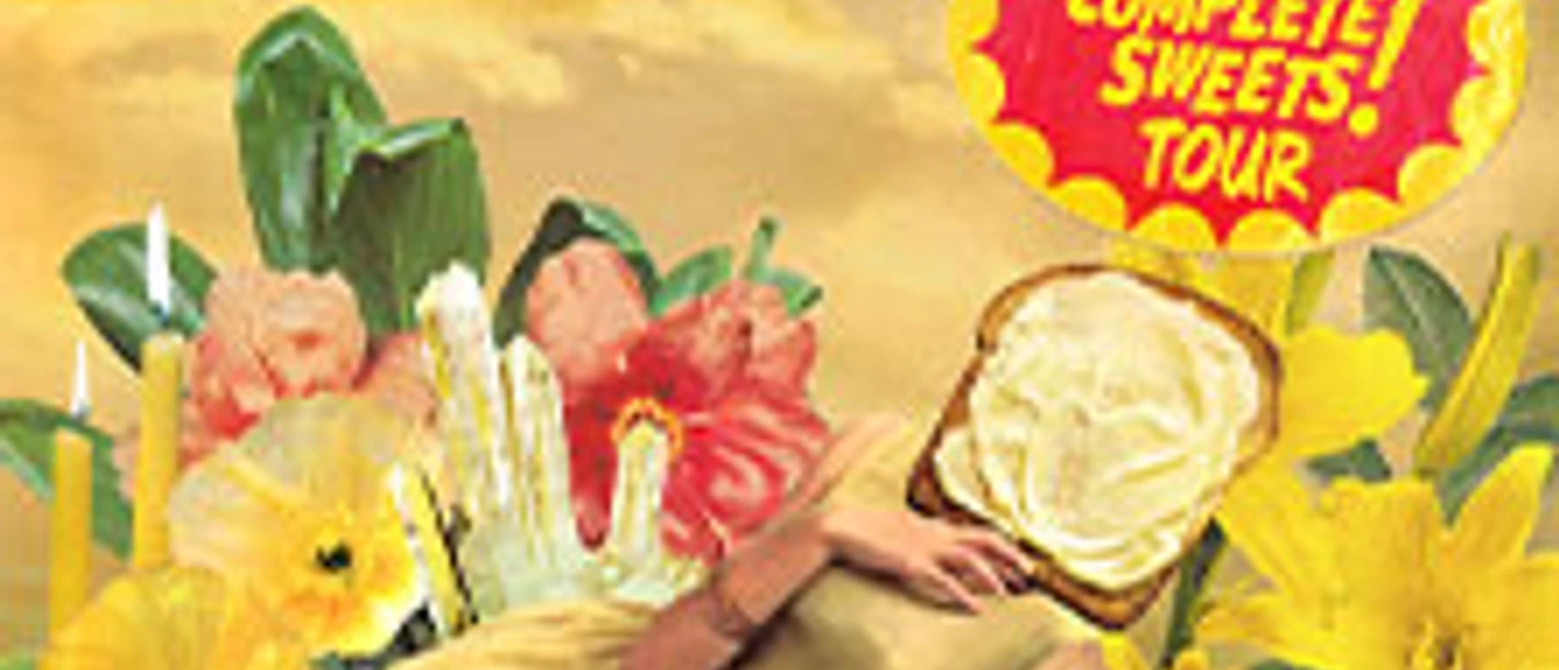 Ein buntes Tour-Poster von Counting Crows mit Blumen und süßen Themen im Hintergrund.