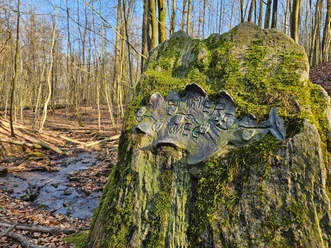 Moosbewachsener Stein mit Metallrelief und Emmerquelle-Schriftzug in einem lichten Wald an einem Bach.