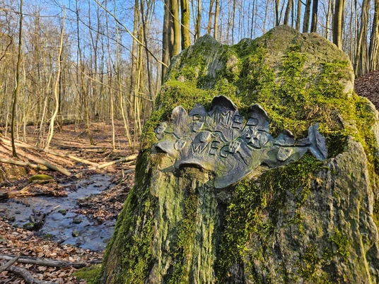 Moosbewachsener Stein mit Metallrelief und Emmerquelle-Schriftzug in einem lichten Wald an einem Bach.