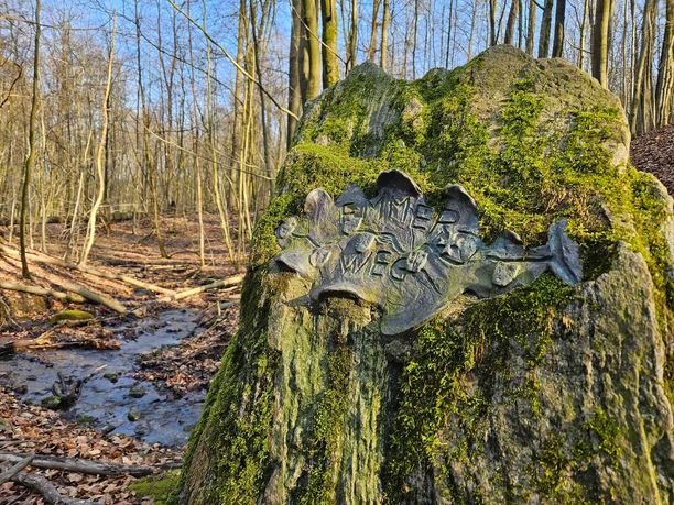 Moosbewachsener Stein mit Metallrelief und Emmerquelle-Schriftzug in einem lichten Wald an einem Bach.