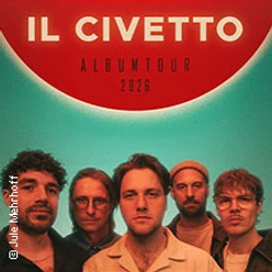 Fünf Männer posieren vor einem farbigen Hintergrund, beworben wird die Il Civetto Albumtour 2026.