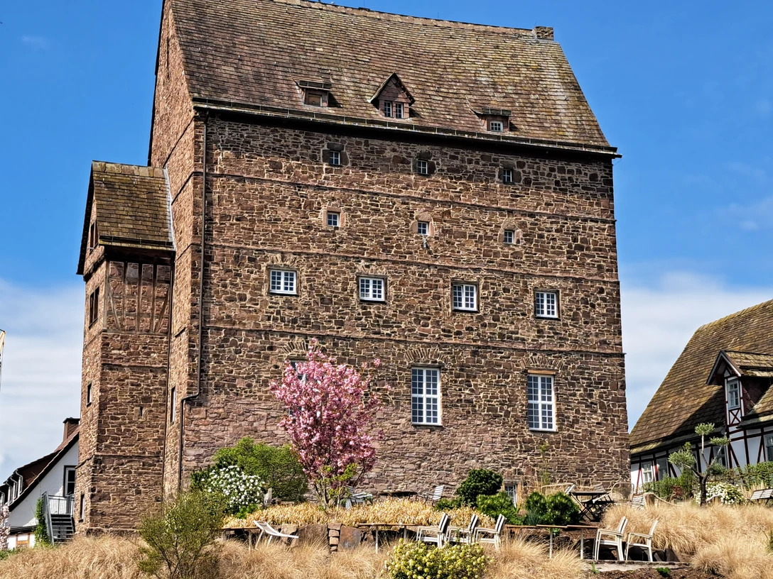 Burg Beverungen Große Burg aus rotem Sandstein mit vielen Fenstern, davor blühender Baum und Gartenstühle im Frühling.
