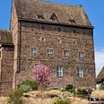 Burg Beverungen Große Burg aus rotem Sandstein mit vielen Fenstern, davor blühender Baum und Gartenstühle im Frühling.