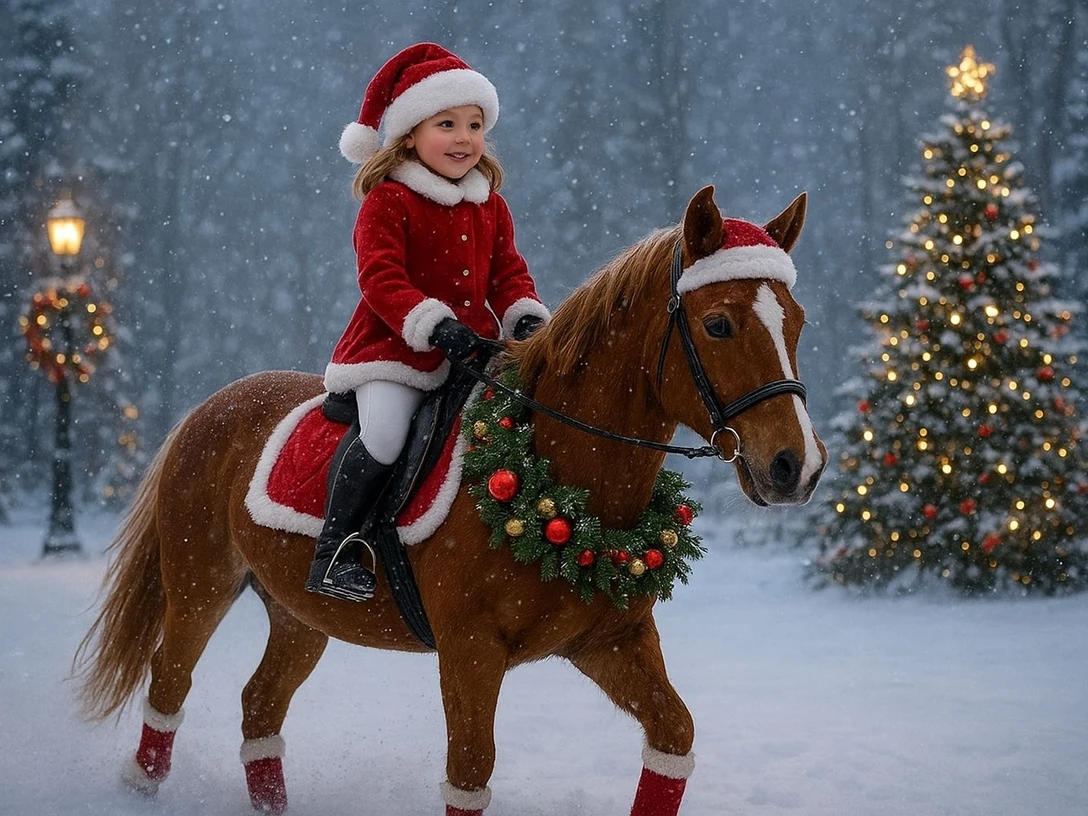 Weihnachtspferd im verschneiten Winterwald.jpg Kind in rotem Weihnachtskostüm reitet auf geschmücktem Pferd durch verschneiten Wald mit Lichtern.