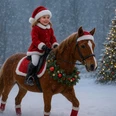 Weihnachtspferd im verschneiten Winterwald.jpg Kind in rotem Weihnachtskostüm reitet auf geschmücktem Pferd durch verschneiten Wald mit Lichtern.
