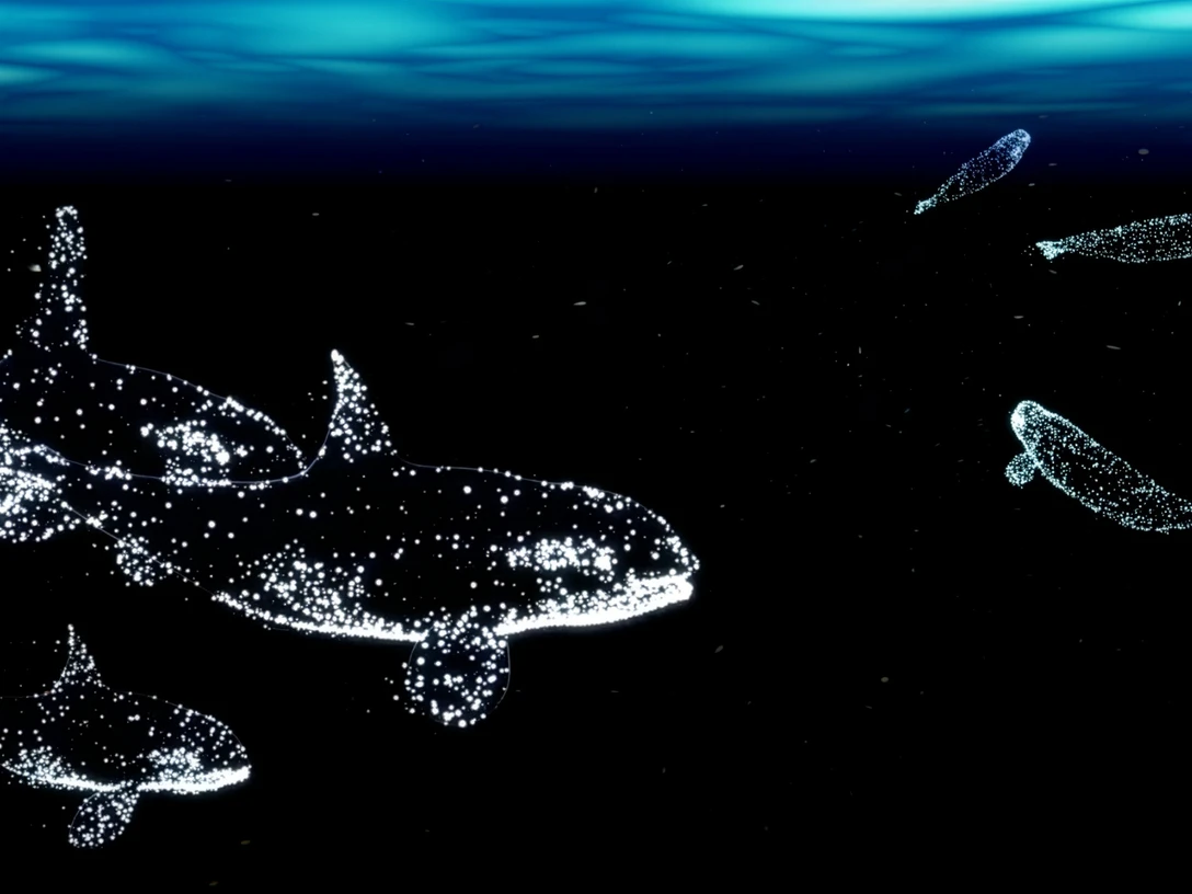 Szene aus dem immersiven Ausstellungserlebnis „Die Welt der Wale“