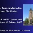Spürnasentour.png Plakat zur Spürnasentour um den Kirchturm mit Terminen und Foto einer Kirche in Emsbüren.