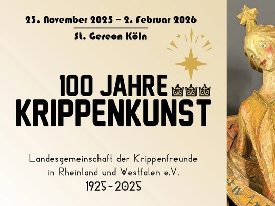100 years of crib art Key Visual zur Ausstellung 100 Jahre Krippenkunst. Links die Details zur Ausstellung, rechts eine Holzschnitzfigur eines Engels.Key visual for the exhibition 100 Years of Nativity Art. On the left the details of the exhibition, on the right a wood carved figure of an angel.