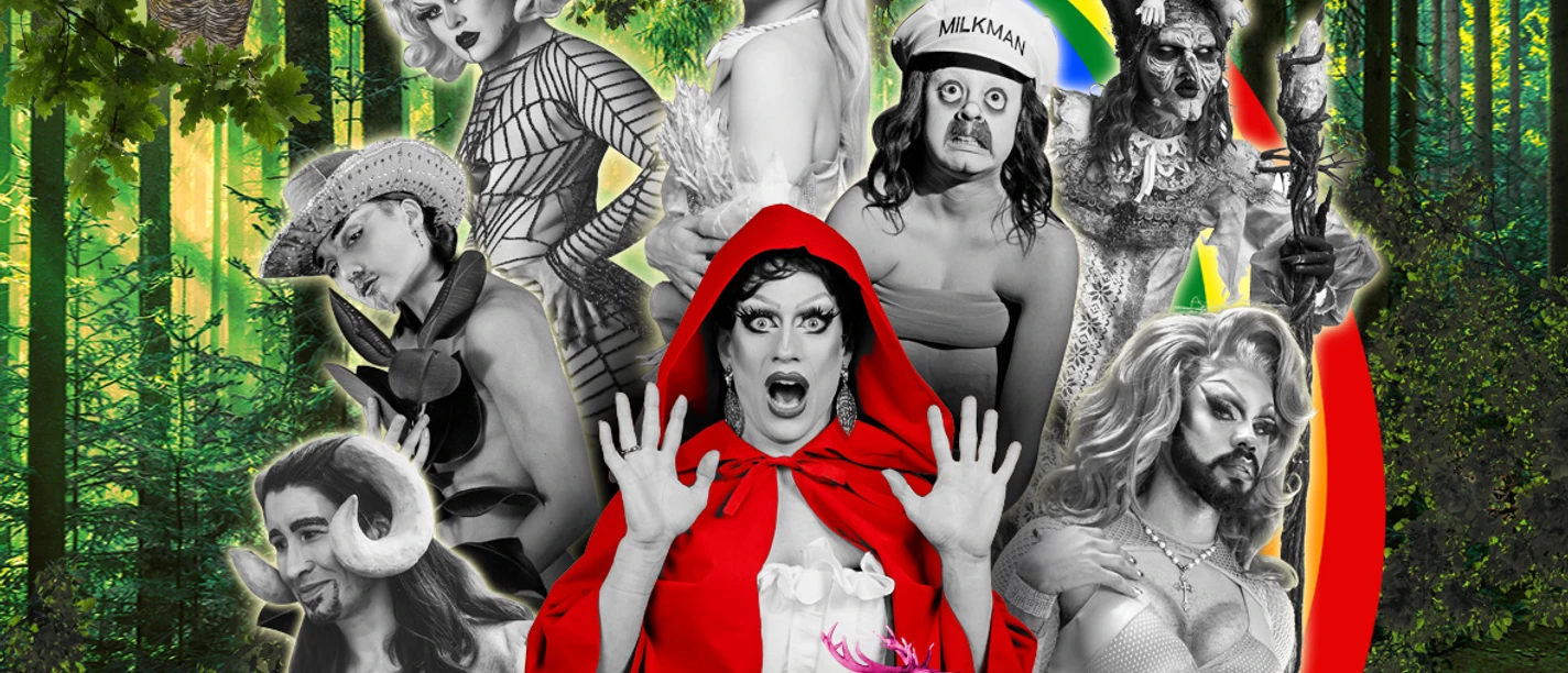 Drag Voyage Das Titelbild zum Event Drag Voyge zeigt eine Fotokollage mit Ausschnitten von 8 Personen, die aufwendig und fantasievoll gekleidet sind.