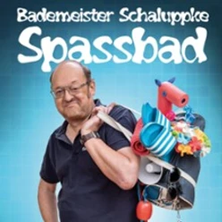 Plakatmotiv mit Mann und Baderequisiten, Schriftzug Bademeister Schaluppke Spassbad