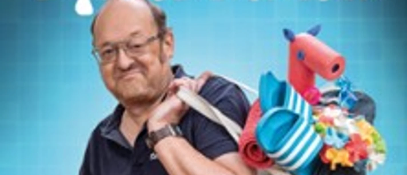 Plakatmotiv mit Mann und Baderequisiten, Schriftzug Bademeister Schaluppke Spassbad