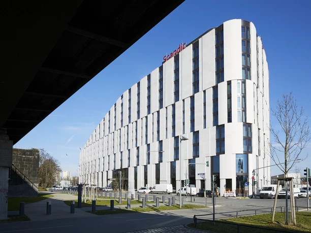 Scandic Frankfurt Hafenpark - Exterior view Modern exterior view of Scandic Frankfurt Hafenpark in daylight