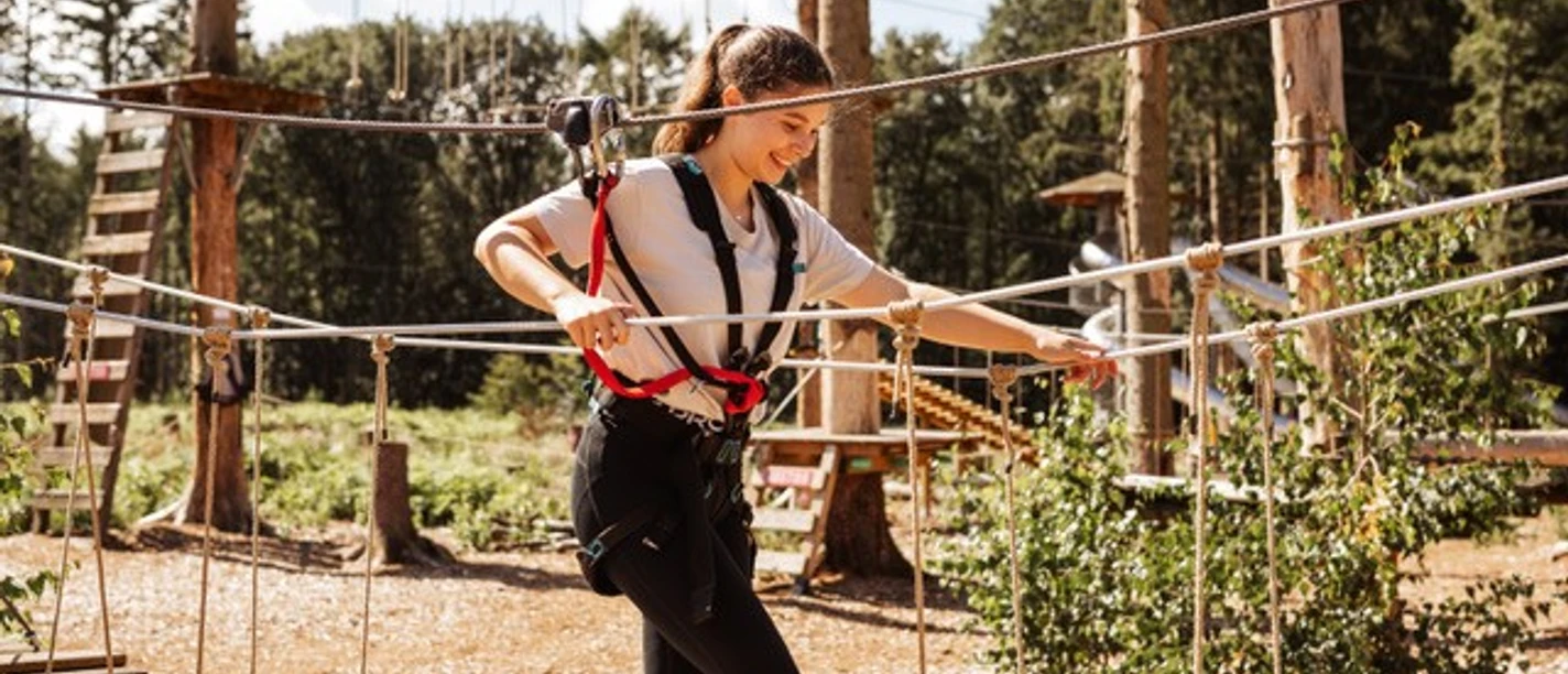 Kletterwald Surwold 1.jpg Person mit Klettergurt balanciert auf Seilen in einem Hochseilgarten zwischen Bäumen im Sonnenschein.