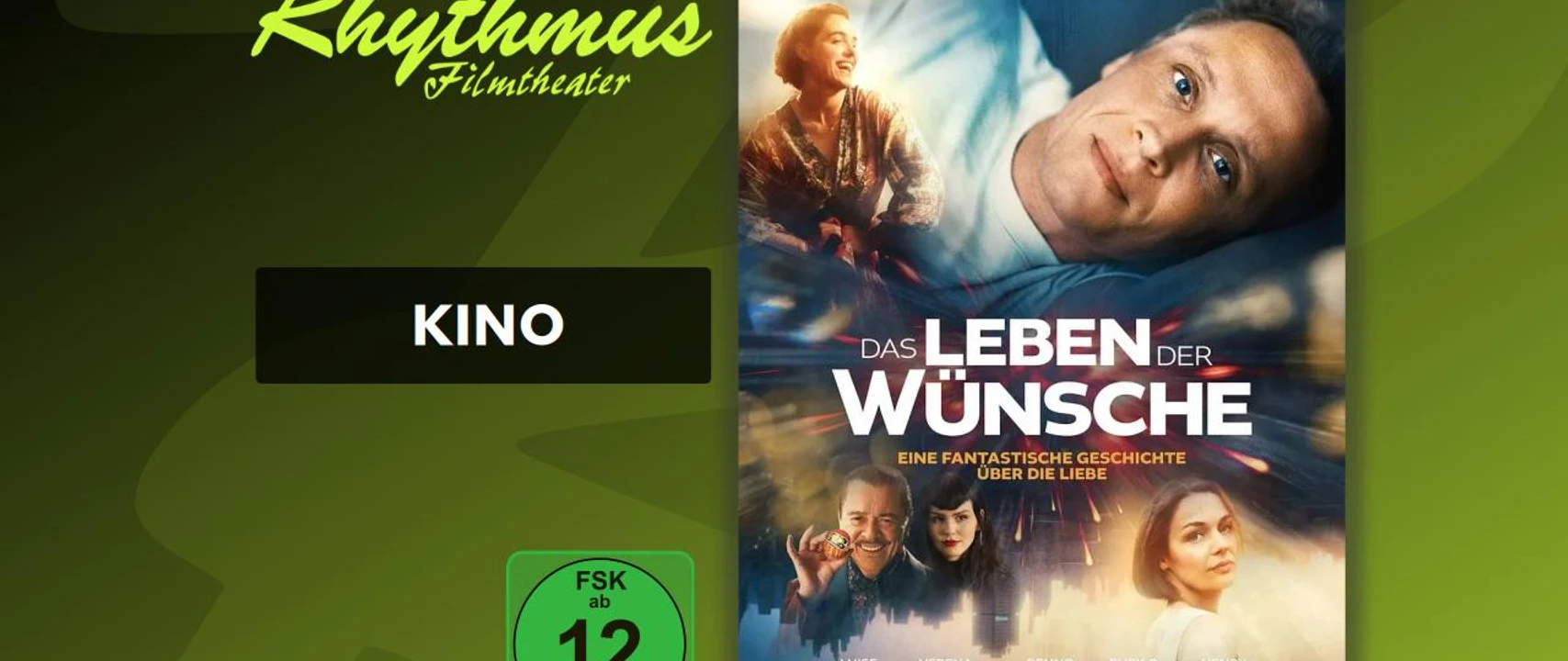 Filmplakat mit mehreren Personen vor farbigem Hintergrund und großem Titel „Das Leben der Wünsche“.