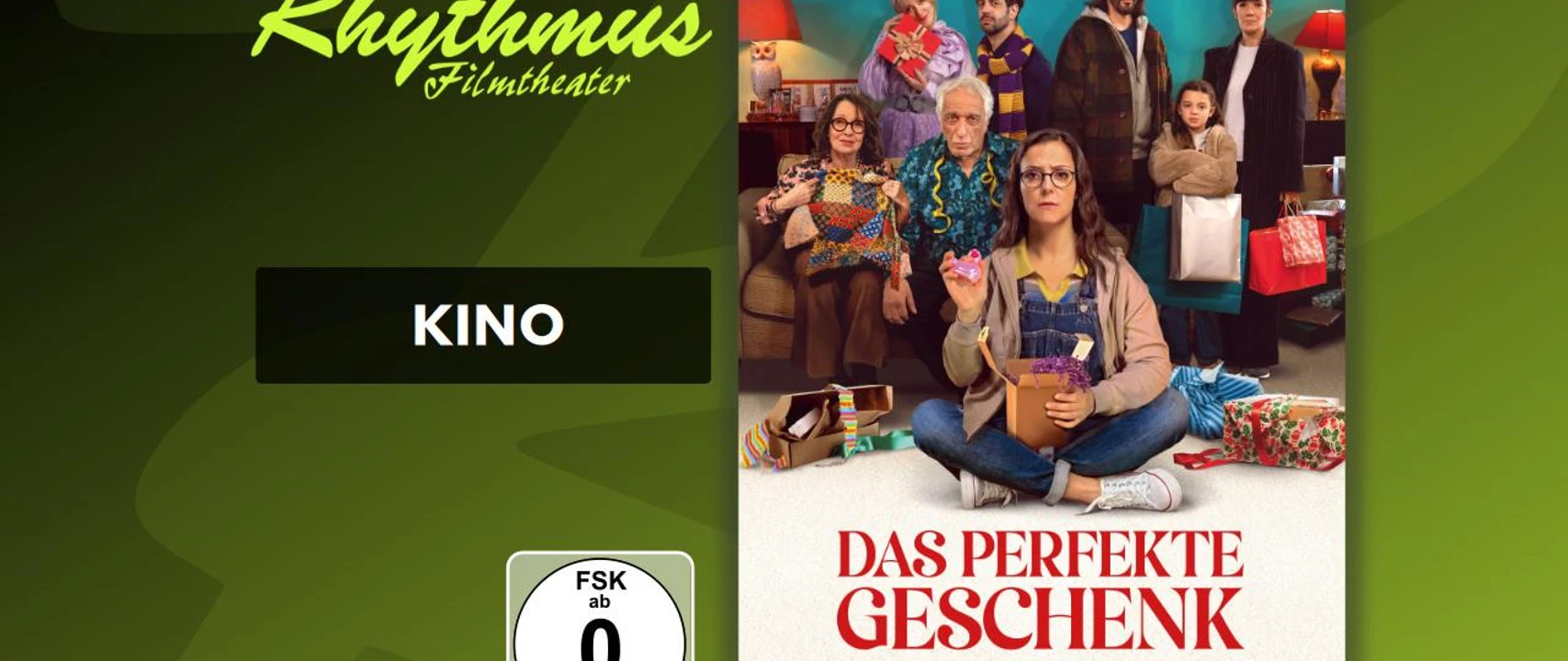 filmplakat-dasperfektegeschenk.jpg Filmplakat mit Frau am Boden mit Geschenkbox und Gruppe im Hintergrund vor Wohnzimmerkulisse