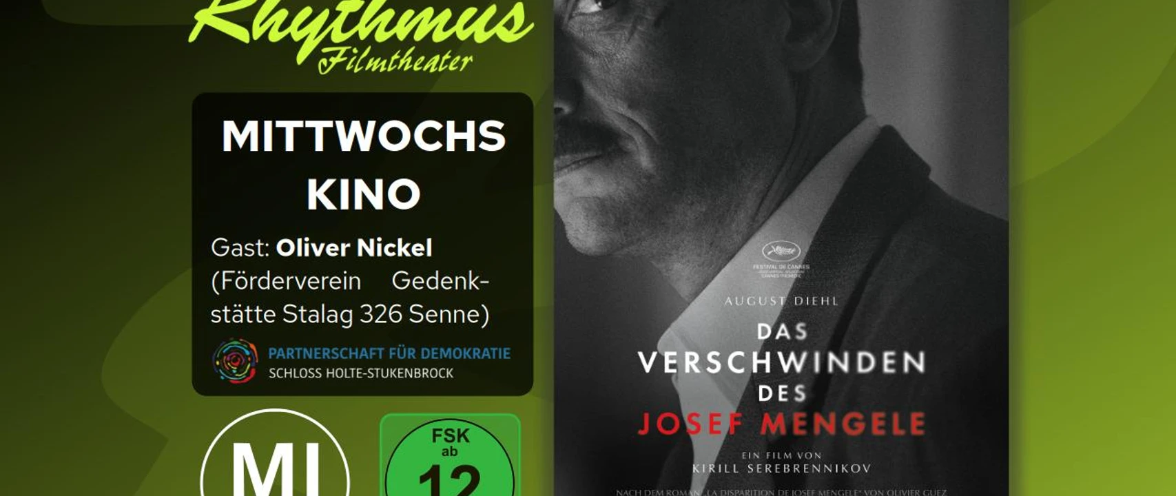 Filmplakat mit schwarzweißem Männerporträt und Titel Das Verschwinden des Josef Mengele