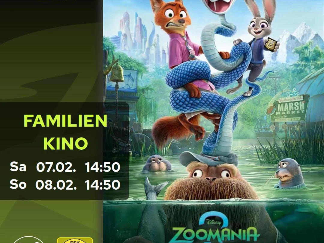 Animierte Tierfiguren aus Zoomania 2 stehen vor Stadtkulisse und Sumpflandschaft.