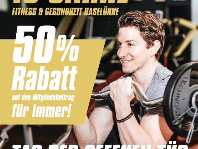Bild Flyer.png Flyer mit sportlichem Mann beim Hanteltraining, Text zu Jubiläum, Rabattaktion und Tag der offenen Tür