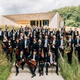 NWD Orchesterfoto Große Orchestergruppe in schwarzer Kleidung steht draußen vor modernem Gebäude im hohen Gras