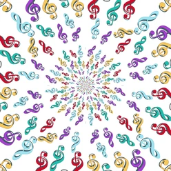 musical-notes-9729701_1280.jpg Bunte Notenschlüssel wirbeln spiralartig auf weißem Hintergrund und strahlen musikalische Lebensfreude aus.