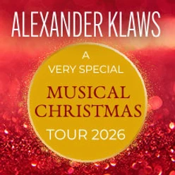 Roter Glitzereffekt mit goldenem Kreis und Text zu Alexander Klaws Musical-Weihnachtstour 2026