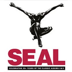 Schwarze Figur im Sprung über großem roten Schriftzug SEAL auf weißem Grund