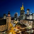 Location Rhein-Main - Skyline Frankfurt am Main at night. You can see the skyline with the Commerzbank Tower and the illuminated St. Catherine's Church on the Hauptwache.