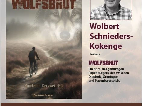 Lesung Pbg Birte.JPG Plakat zur Autorenlesung von Wolbert Schnieders-Kokenge aus dem Moor-Krimi Wolfsbrut in Papenburg