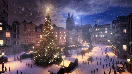 Heinzel VR Cologne's old town covered in snow at dusk.