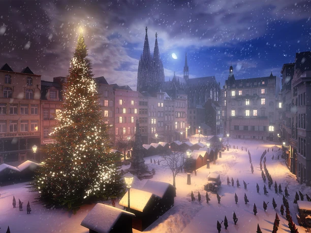 Heinzel VR Cologne's old town covered in snow at dusk.