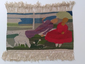 Martha Vogeler, Martha und Paula Schafe hütend, 1954 Gobelin nach Entwurf von Paula Modersohn-Becker, Freunde Worpswedes e.V., Käseglocke