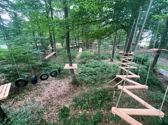 Kletterwald I.jpg Kletterparcours im Wald mit Holzplattformen, Hängebrücken und Reifen, umgeben von dichtem Grün.