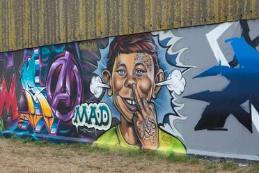 N6842 (c) Helmut Gross_Erlebnis Bremerhaven.jpg Bunte Graffitiwand mit Porträt eines Jungen, Comicstil, dampfenden Ohren und satten Farbverläufen.