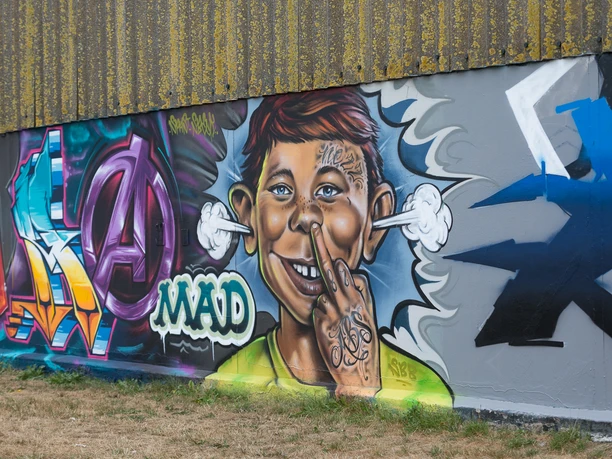 N6842 (c) Helmut Gross_Erlebnis Bremerhaven.jpg Bunte Graffitiwand mit Porträt eines Jungen, Comicstil, dampfenden Ohren und satten Farbverläufen.