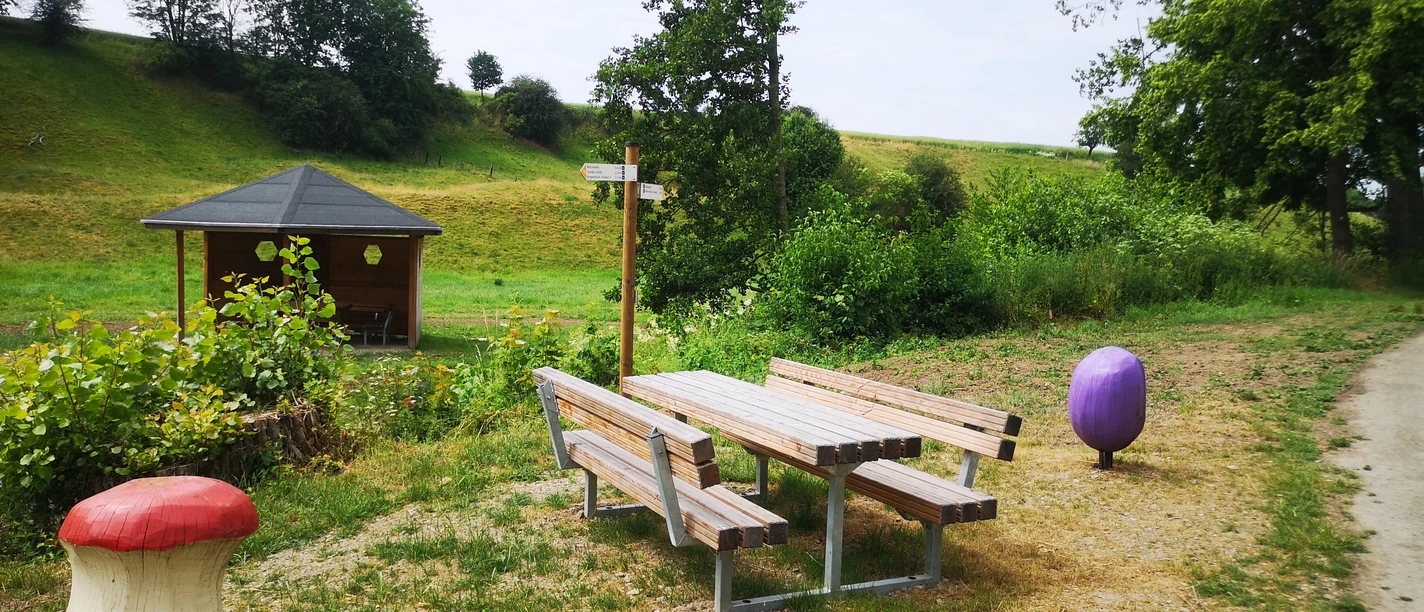 Rastplatz Liebestal, Borgentreich Sitzbank mit Tisch und Schutzhütte im Hintergrund, Rastplatz