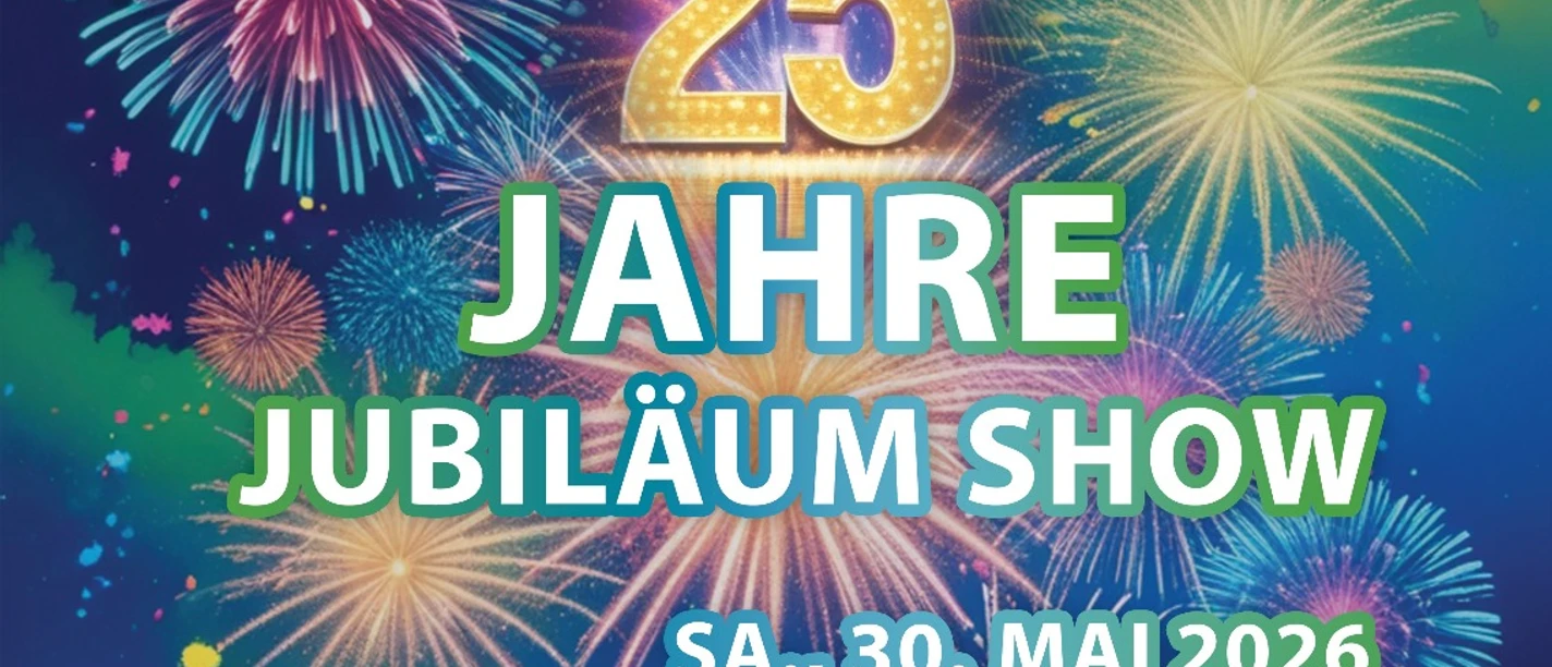 Tanzbogen Haren.jpg Buntes Plakat mit Feuerwerk und Schriftzug zur 25-Jahr-Jubiläumsshow des Tanzbogen Haren.