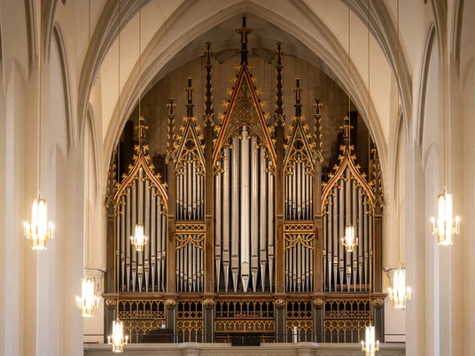 Jehmlich-Orgel in der St. Aegidien Kirche - Orgeln in der Region Leipzig Orgelpfeifen der Jehmlich-Orgel in der St. Aegidien Kirche in Oschatz, Pfeifenfeld im Kirchenraum sichtbar.