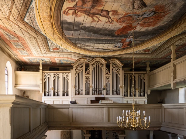 Eule-Orgel in der Stadtkirche Trebsen - Orgeln in der Region Leipzig Orgelpfeifen der Eule-Orgel in Trebsen, darüber ist das Deckengemälde der Kirche sichtbar.