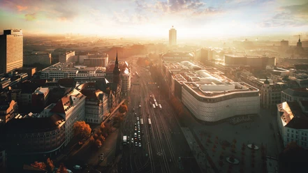 Skyline von Leipzig mit Blick auf den Goerdelerring | Leipzig Convention Bureau Skyline von Leipzig mit The Westin Leipzig, evangelisch-reformierter Kirche, Höfen am Brühl und Wintergartenhochhaus – präsentiert vom Leipzig Convention Bureau