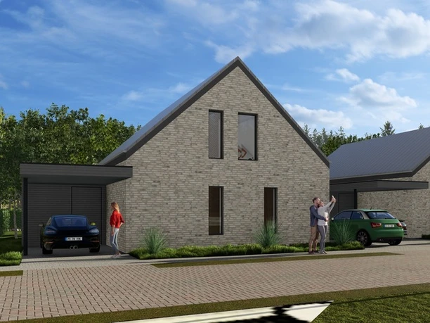 Hausansicht Vorne.jpg Modernes Ferienhaus mit Satteldach und Carport, umgeben von Grünflächen und gepflastertem Weg.
