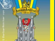 Logo mit Clown in stilisierter Kölner Domfigur, goldenem Wappen und blau-gelben Bändern