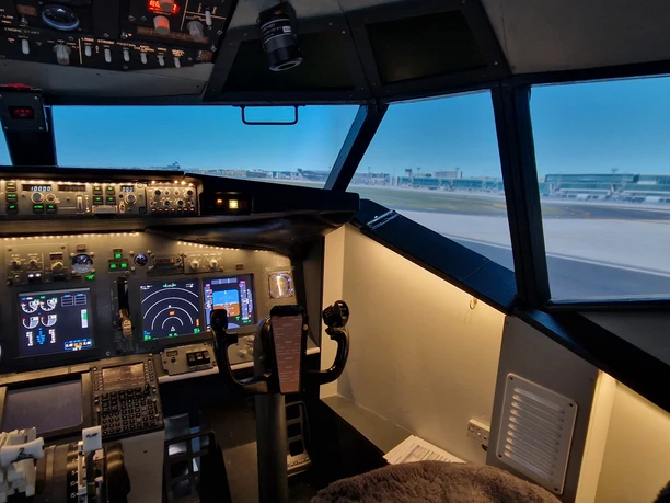 Frankfurt flight simulator Aircraft cockpit with instruments during taxiing