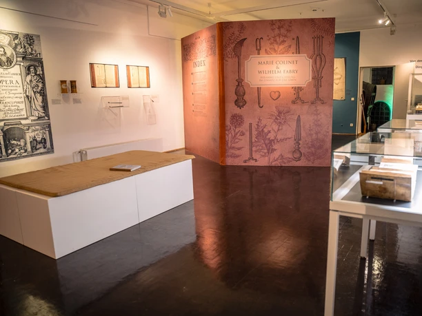 Ausstellung im Wilhelm-Fabry-Museum in Hilden Museumsausstellung mit historischen Drucken, Büchern und Exponaten über Marie Colinet und Wilhelm Fabry.