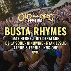 Festivalplakat vor tanzender Menge mit Old But Gold Schriftzug und großem Künstlerline-up.