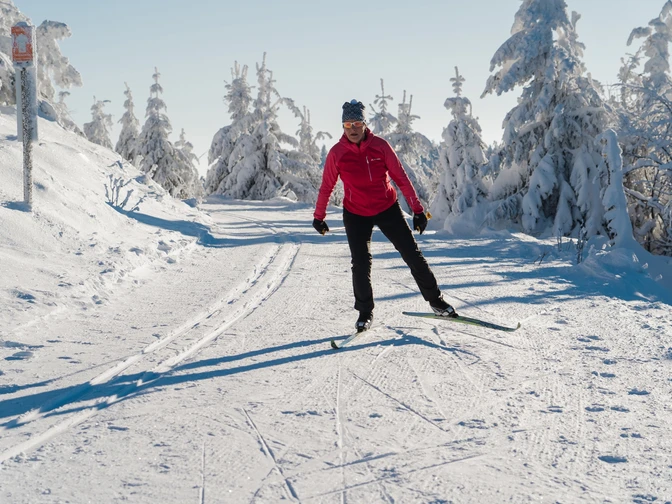 Langläufering auf bestens präparierter Loipe in Seebach in sonniger verschneiter Landschaft