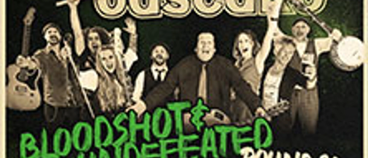 Bandposter mit feiernder Musikergruppe und dem Tourtitel Bloodshot & Undefeated Round 20