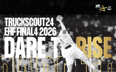 Handball player leaping in a dynamic promo graphic for the TruckScout24 EHF FINAL4 2026
