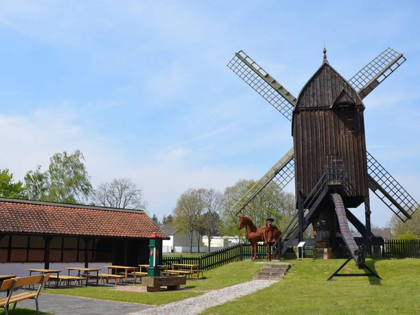 Mühlengarten_Salder_HD_16zu9.JPG Historische Bockwindmühle mit Holzbau, flankiert von Sitzbänken und Fachwerkhaus im Grünen.
