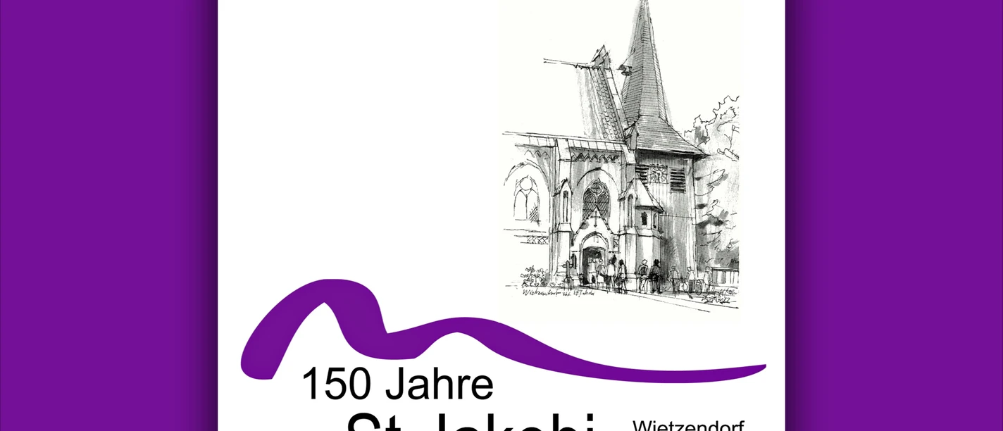 Zeichnung der St.-Jakobi-Kirche in Wietzendorf mit Jubiläumsaufschrift 150 Jahre St. Jakobi 1876–2026