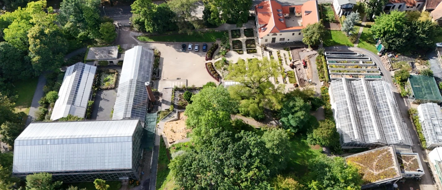 Luftaufnahme aus ca. 100 m Höhe von Teilen des Botanischen Gartens Jena